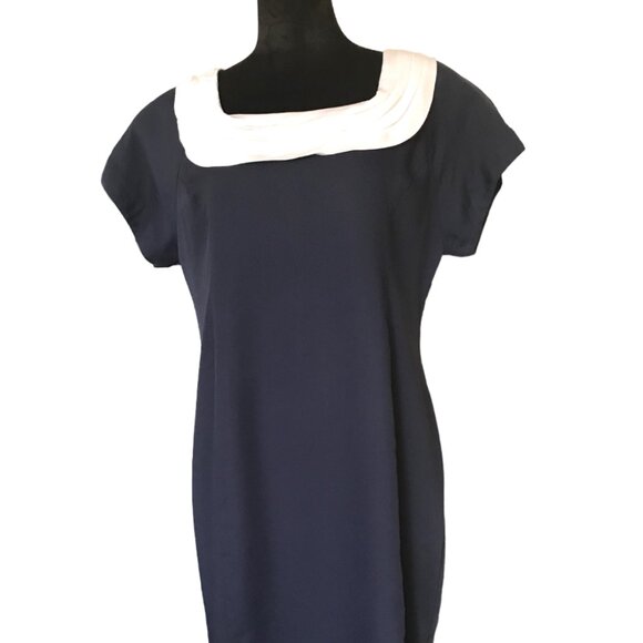 Virgo Fashions Vintage Pleated Collar Dress: 70s Navy White, Size 14 - Picture 6 of 11